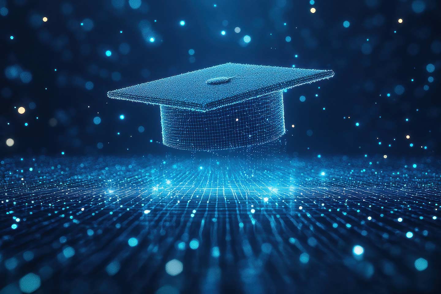 Digital graduation cap made of glowing blue particles