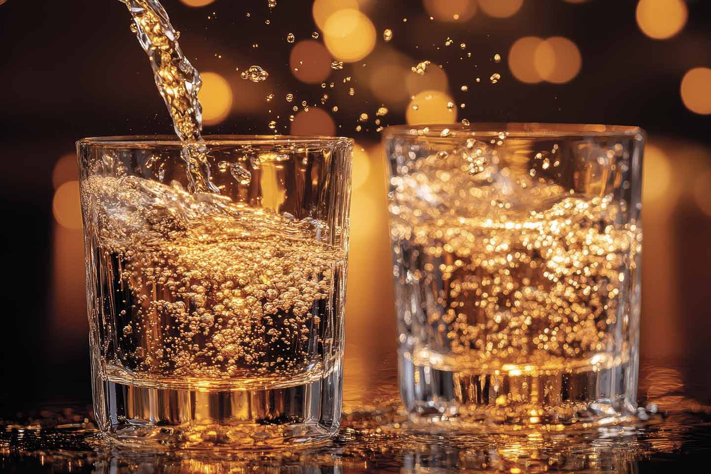 two glasses with sparkling liquid