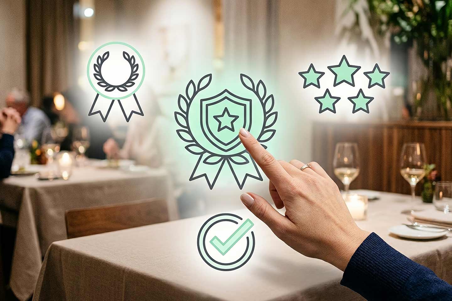 Concept of restaurant quality rating and customer feedback showing a hand touching high rating icons in a luxury fine dining atmosphere background.