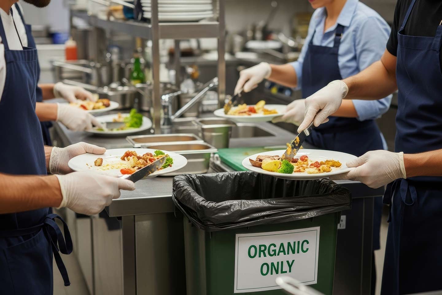People scraping leftover food into an organic waste bin