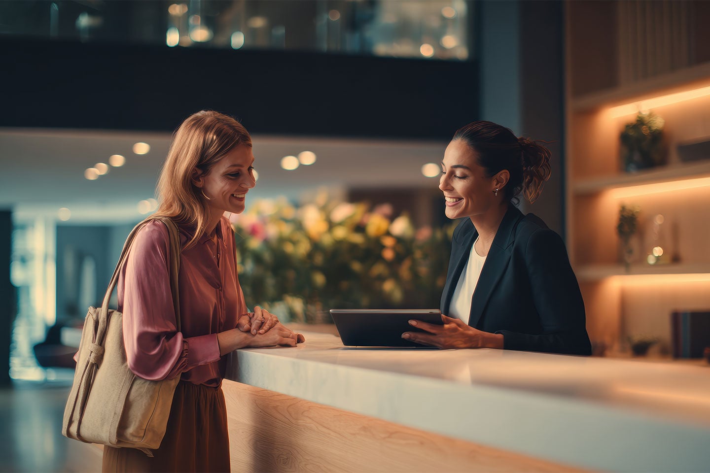 hotel guest at reception talking with staff