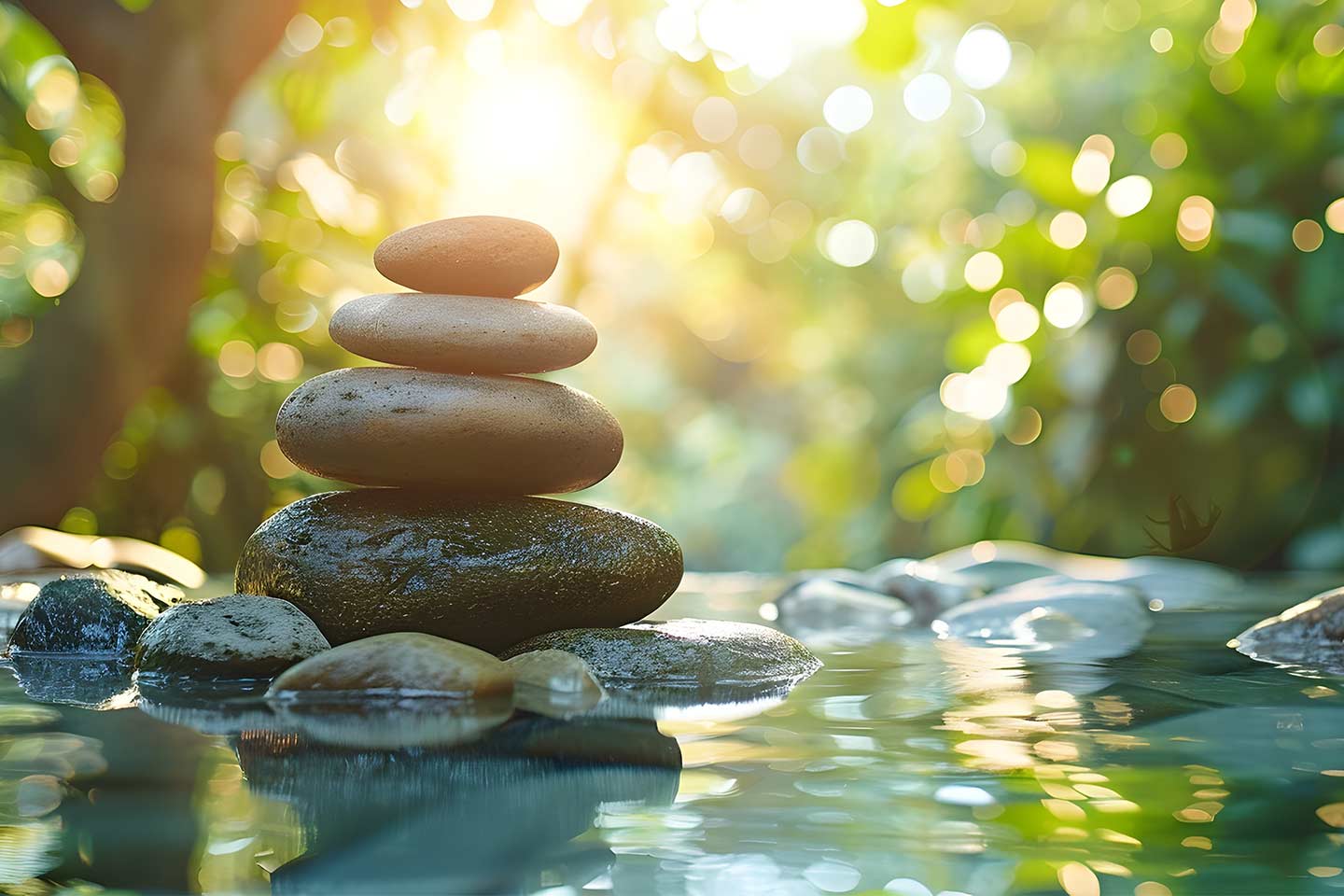 Balanced stones by tranquil water