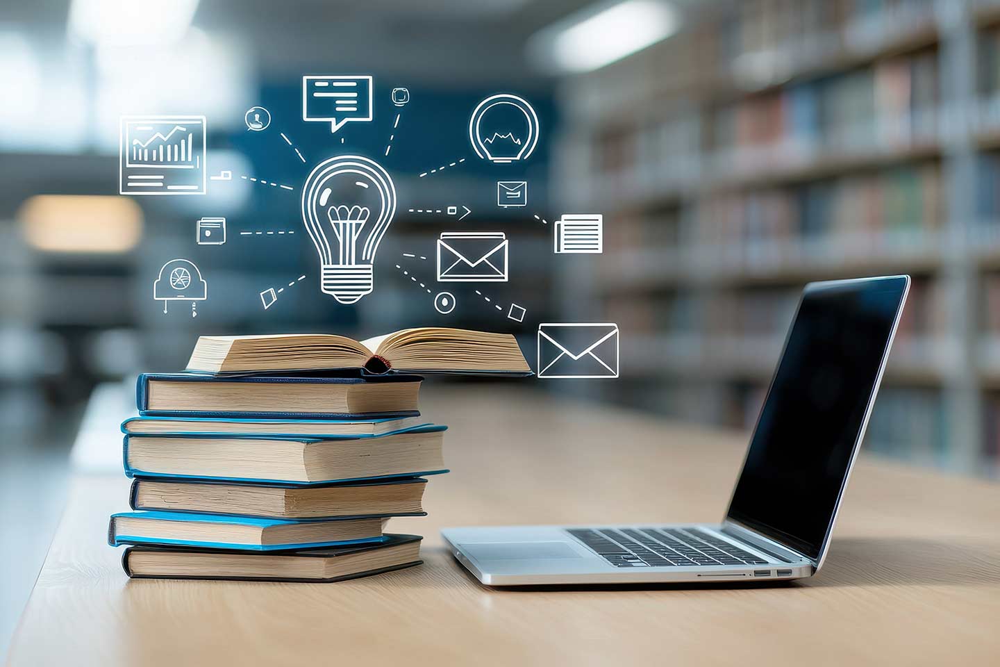 laptop and a stack of books on a library table 