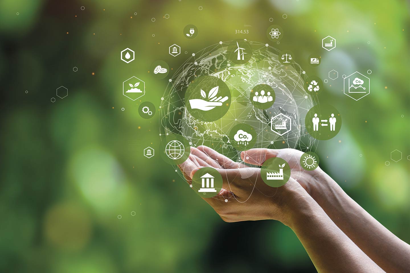 Sustainability and ESG icons around a digital globe