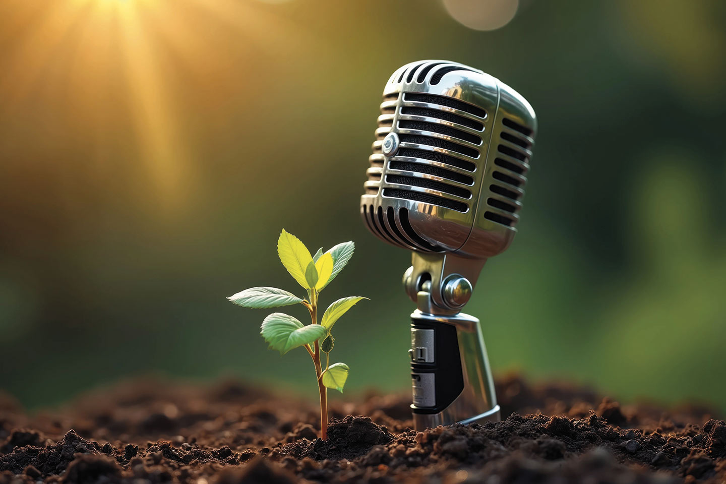 A microphone planted in soil next to a sprout growing