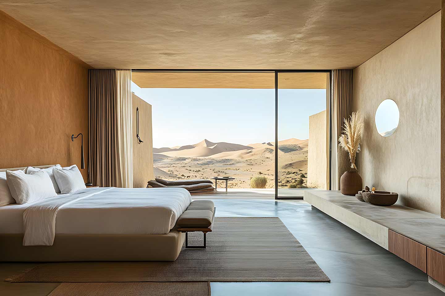A stylish desert hotel room with a private terrace