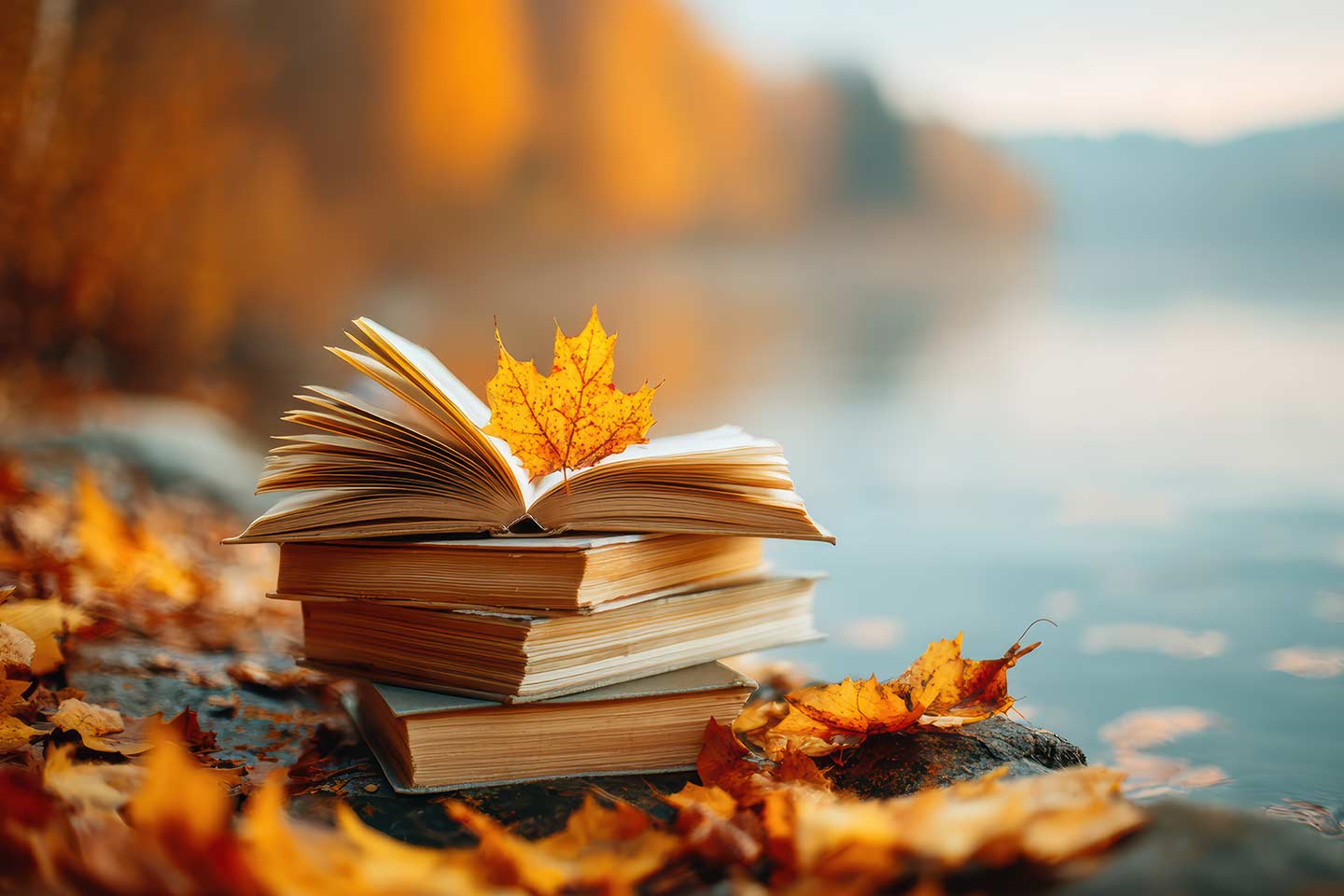 pile of book in a autumnal background